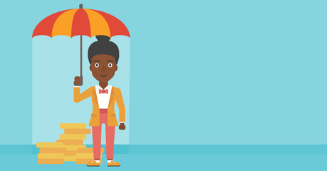 Business woman with umbrella protecting money.