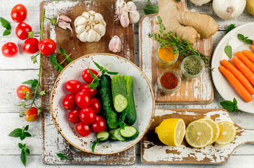 Organic vegetables with fresh herbs and spices. Healthy Food bac