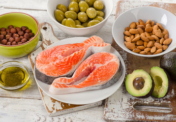 Food sources of  unsaturated fats. Diet eating.