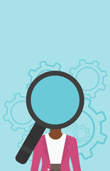 Woman with magnifier instead of head.