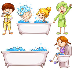 Children brushing teeth and taking bath