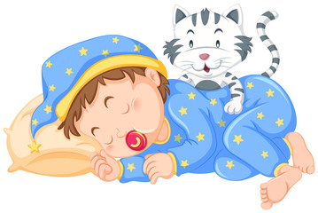Boy sleeping with little cat