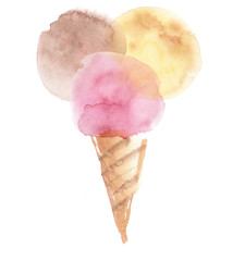 three pale color ice-cream cone illustration. watercolor artwork