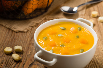 soup, cream of pumpkin served with roasted seeds and croutons.