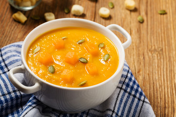 soup, cream of pumpkin served with roasted seeds and croutons.