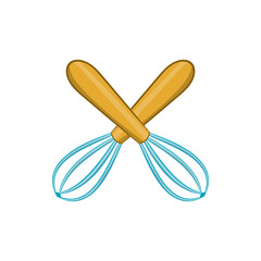 Crossed kitchen whisks icon in cartoon style on a white background