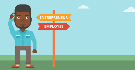 Confused man choosing career pathway.