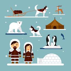 Vector set of eskimo characters with igloo house, dog, white bear and penguins. People in traditional eskimos costume, arctic animals - obrazy, fototapety, plakaty
