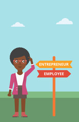 Confused woman choosing career pathway.