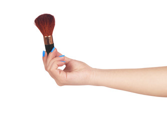 Professional make-up brush cosmetic in female hand beautician isolated on white background