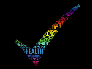 Colorful HEALTH check mark, theme of medicine, health, beauty and lifestyle concept word cloud