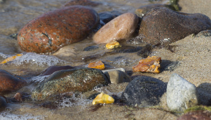 Fototapeta na wymiar Some pieces of amber found on the Baltic seashore