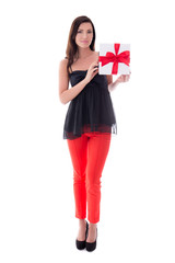Fototapeta premium full length portrait of young woman with gift box isolated on wh
