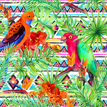 Tribal pattern, tropical leaves, parrot birds. Seamless ethnic background. Watercolor