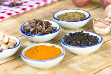 Ingredient food indian style on wooden table.Raw food and background for cooking.Close up