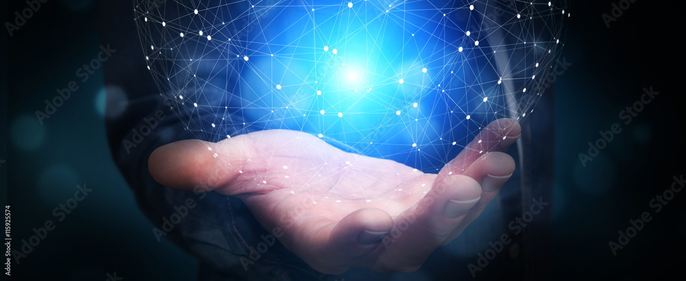 Poster businessman using data network with his fingers