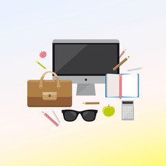 Flat design vector illustration concept of creative office workspace on light background. 