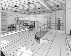 3D Interior rendering of a tiny loft