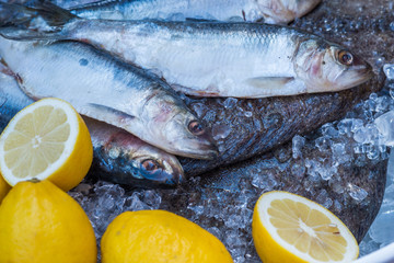 Herring on ice on the seafood market decorated with lemon