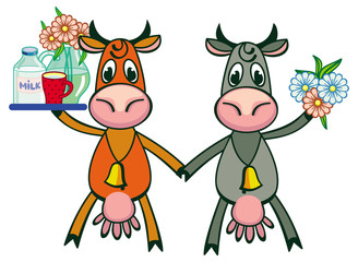Two funny cartoon cows. Vector clip art.
