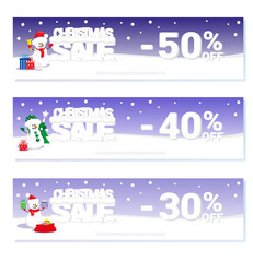 Concept banner Christmas sale for design price label or poster with Snowman and text from big letters on snow. Vector illustration