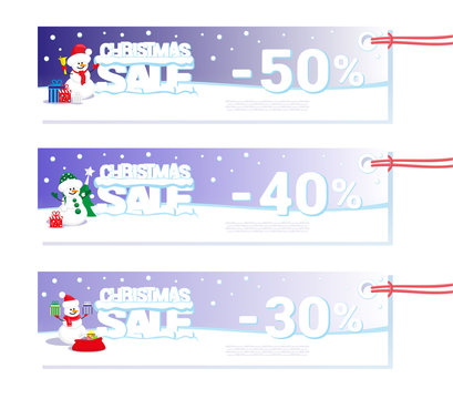 Concept banner Christmas sale for design price label or poster with Snowman and text from big letters on snow. Vector illustration