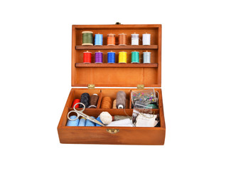 Sewing kit in wooden box