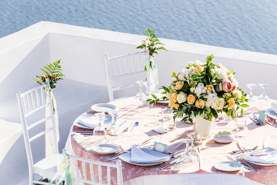 Beautiful interior table setting for wedding, Santorini, Greece