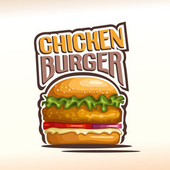 Vector logo chickenburger, consisting of a bun with sesame seeds, meat chicken hamburger fried patty, red onion, tomato slices, leaf lettuce salad, mayonnaise. Burger menu for american fast food cafe