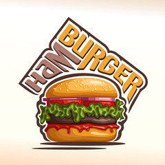 Vector logo for Hamburger, consisting of a bun with sesame seeds, meat veal beef hamburger grilled patty, red onion, tomato slices, leaf lettuce salad, ketchup. Burger menu for american fast food cafe