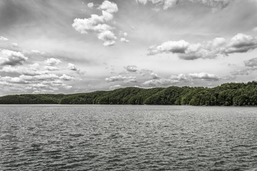 Water reservoir in mountains on a cloudy day
