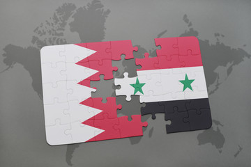 puzzle with the national flag of bahrain and syria on a world map background.