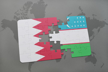 puzzle with the national flag of bahrain and uzbekistan on a world map background.