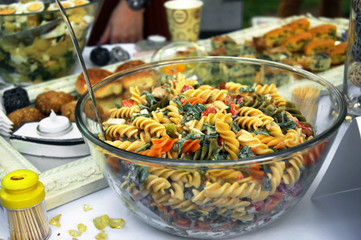 Dish with pasta in a transparent bowl