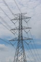 High voltage electricity pylon with cloudy and blue sky