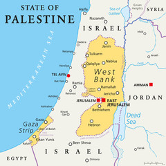 State of Palestine with designated capital East Jerusalem, claiming West Bank and Gaza Strip. Political map with borders and important places. Most areas are occupied by Israel. English labeling.