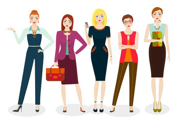 Fototapeta premium Attractive business women in elegant office clothes and different poses. Vector illustration