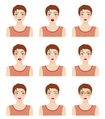 Attractive girl showing different facial expressions. Vector illustration.