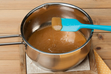 Caramel Cooking Process. Melted Toffee In Sauce Pan.