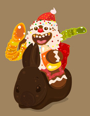 Vector Funny Crazy Gingerbread Santa Claus Riding Dark Chocolate Bunny with Candy Corn, Gummy Worm and Red Gummy Bear