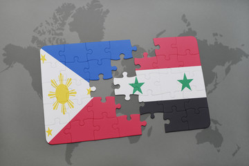 puzzle with the national flag of philippines and syria on a world map background.