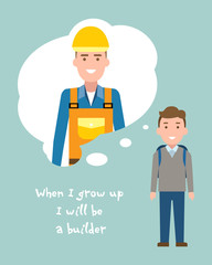 Kid wants to be a builder or engineer poster. Smiling little boy chooses profession.