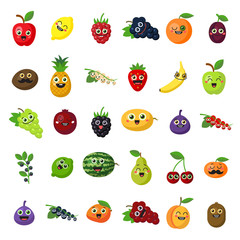 Happy smiling fruits on white background. Cute fresh stickers or decoration for menu, book and more.