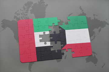 puzzle with the national flag of united arab emirates and kuwait on a world map background.
