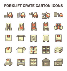 Forklift vector icon. May called fork or lift truck. Include stack of wood crate, cardboard box on pallet for industry i.e. storage, distribution warehouse. Also freight transport, logistic, shipping.