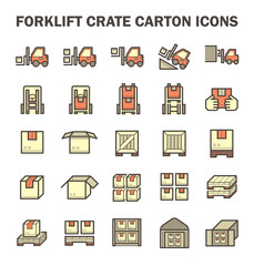 Forklift vector icon. May called fork or lift truck. Include stack of wood crate, cardboard box on pallet for industry i.e. storage, distribution warehouse. Also freight transport, logistic, shipping.