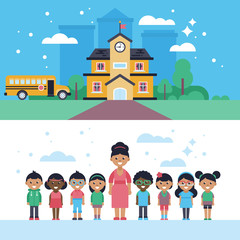 Obraz na płótnie Canvas Back to school website banners with school building, school bus,