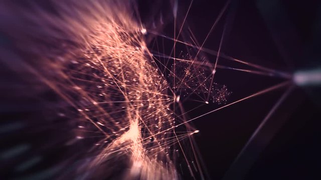 Animation of growing connected particles. Perfect loop. Flying backwards through network particles.

