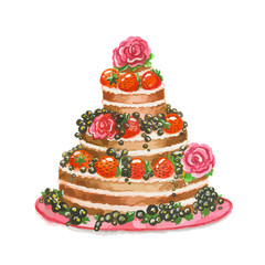 Isolated beautiful watercolor cake with blackberries, srawberries and roses. Birthday present or holiday tasty meal.