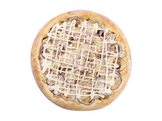 Pizza with cheese, ham, mushrooms, onions, mayonnaise and tomato